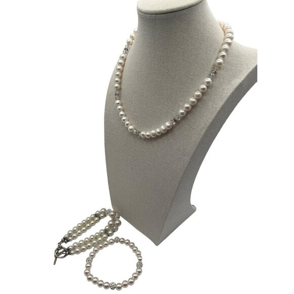 Vintage Faux Pearl Necklace Bracelet & Anklet Set Rhinestones Chic - Picture 2 of 5